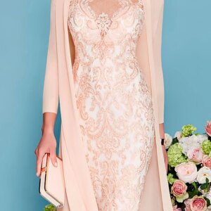 LinasBridal Women’s Sheath Scoop Knee-Length Long Sleeves Mother Of The Bride Dresses With Lace Beading Appliques