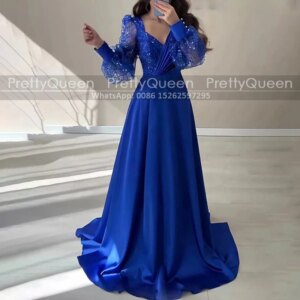 Shiny Sequins Mother of the Bride Dresses Sheer Long Sleeves A Line Customized V Neck Royal Blue Satin Prom Dres Party For Women