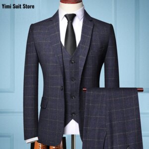 Classic Plaid Men’s Formal Business Suit 3Pcs Set Office Groom Wedding High Quality Show Stage Suit Sets Jacket+Vest+Pants