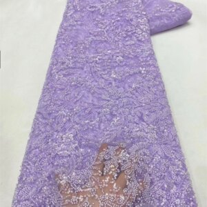 Purple 5 Yards Luxury Handmade Bead Lace Fabric Heavy Sequin Embroidery Fabric Fashion French Tulle Mesh Lace Fabric for Wedding