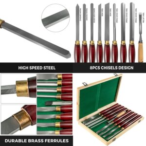 VEVOR Woodworking Lathe Chisel Set 8 Pie Set Lathe Chisel HSS Steel Blades Wood Turning Tools Wooden Case for Storage for Wood