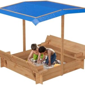 Wooden Sandbox with Cover/Lid & Retractable Canopy, Sand Box with Foldable Bench Seats and Bottom Liner for Kids/Toddlers/Childr