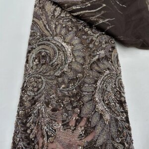 Luxury Hand Beaded Lace Fabric Bridal Fabric High-end Wedding Fabrics French Nigerian Sequins Beads Embroidered on Tulle 5 Yards
