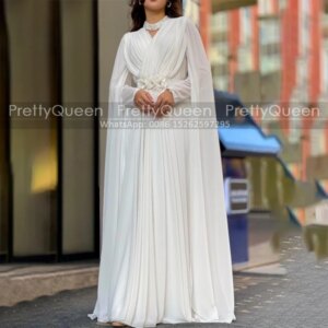 Customized Kaftan Mother of the Bride Dresses A Line Long Sleeves Appliques White Chiffon Cloak Prom Dress Party
