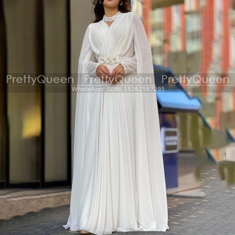 Customized Kaftan Mother of the Bride Dresses A Line Long Sleeves Appliques White Chiffon Cloak Prom Dress Party