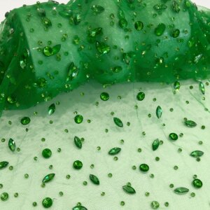 High Quality Heavy Handmade Green Color Tulle Lace Material Mesh Net Lace African Mesh Stones Lace Fabric