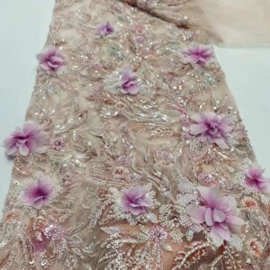 3D Flower Sequins Tulle Lace Fabrics 2025 High Quality Nigerian Sequence Lace Beaded Embroidered French Mesh For Sewing KB4460
