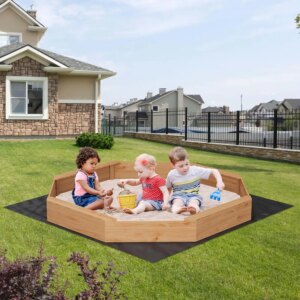 Large Octagonal Wooden Sandbox with Cover/Lid & Benches, Durable Fir Wood Sand Box with Lid for Kids/Toddler/Childrens, Drainage