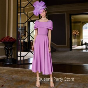 Customized Mother of The Bride Dress Fashion Off The Shoulder Beading Pearls A Line Tea Length Wedding Guest Gown for Woman