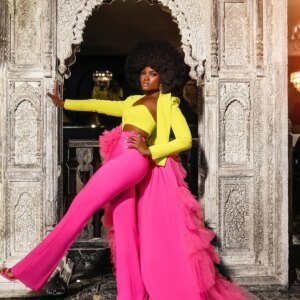 4 Piecess Women Pants Suits Fashion Yellow Pink Ladies Street Show Formal Evening Party Formal Dress Wear With Tiered Train