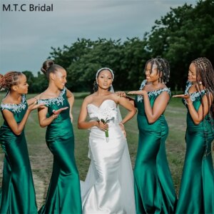 Hot Selling 2025 Green Mermaid Long African Bridesmaid Dress Whith Appliques Floor Length Satin High Quality Wedding Party Gowns
