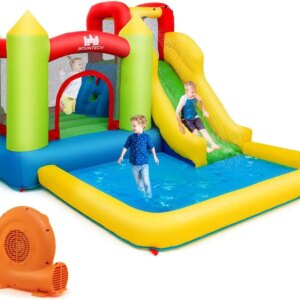 Inflatable Water Slide, Water Bounce House with Slide Wet Dry Combo for Kids Outdoor Fun with 550w Blower, Large Jumping Ar