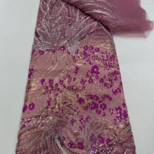 Luxury African Heavy Bead Lace Fabric High Quality 5 Yards Nigerian Sequin French Tulle Fabric Material For Wedding Party W675-1
