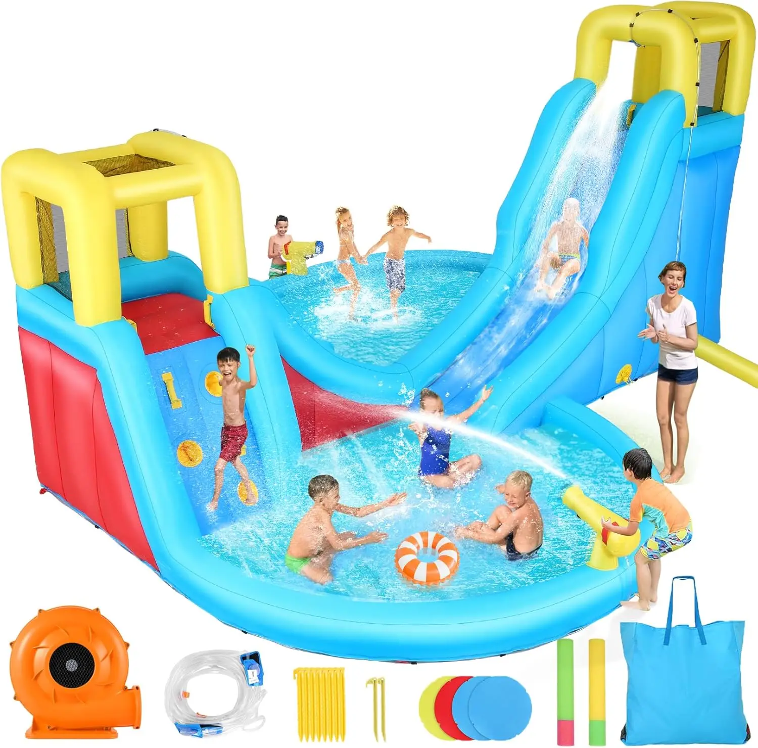 Inflatable Water Slides for Kids - Blow Up Water Park with Climbing Wall, Water Gun, 2 Pool Slides