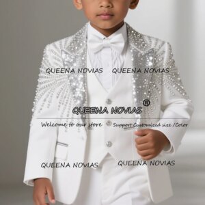 Brilliant Metallic Crystals Peak Lapel Boy Suit 3 Pieces Sets Groom Party Blazers Customized Wedding Tuxedo Slim Fit Kids Dress
