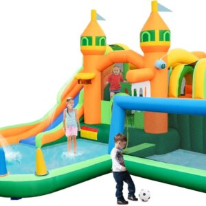Inflatable Water Slide Park, 9 in 1 Water Soccer Mega Waterslide Bounce House for Outdoor w/Dual Slides, Giant Splash Pool, Wate