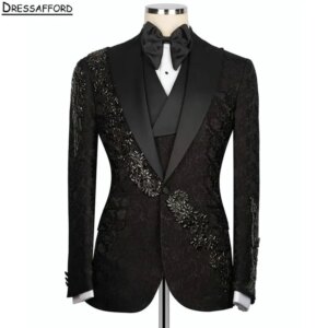Black Jacquard Men Business Sequined Appliques Formal Occasion Tuxedos Grooms Wedding Party Prom Male Suit 2 Piece Blazer Pants