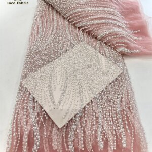 Peach Sequin Lace Fabric African Fabric Lace Wedding Dress 2024 Luxury Beaded Lace French Mesh Sequence for Party Dresses Sewing