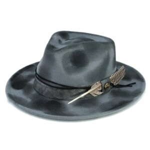 Design spray paint charred wind vintage old woolen hat felt top feather trim flat wrapping