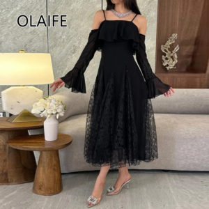 Elegant Spaghetti Straps Chiffon Lace Evening Saudi Dres with Detachable 3/4 Sleeve A-line Tea-Length Evening Gown Customized