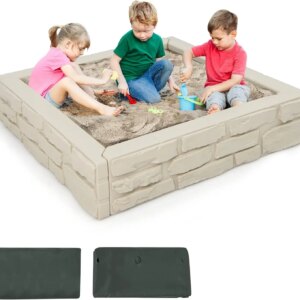 Kids Sandbox with Cover, 47″x 47″ Sand Box w/Oxford Cover, Bottom Liner, Reinforced Structure, Weather Resistant, Oxide White