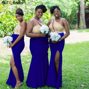 New Royal Blue 2025 Long African Bridesmaid Dresses One Shoulder Gold Lace Mermaid Wedding Party Gowns For Guest Custom Made