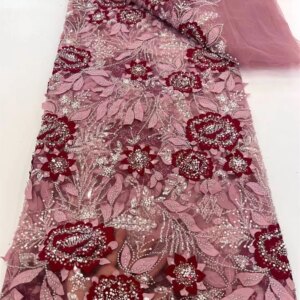 Luxury African Beads Lace Fabric 5 Yards High Quality 2025 Latest Elegant Flower Embroidery Tulle Lace Fabric For Wedding A953-1