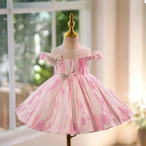 Jill Wish Elegant Pink Flower Girl Dresses with Flowers Bow for Baby Kids Wedding Birthday Communion Party Holiday Pageant J432