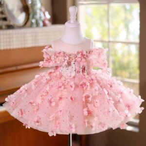 Jill Wish Luxury Pink Off Shoulder Flower Girl Dress Knee Length Flowers Princess Baby Wedding Birthday Party Holiday Gown J489