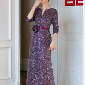 Shiny Sequin Wedding Party Dresses 2023 Elegant Ankle-Length Purple Mother Of The Groom Dresses With Sleeves