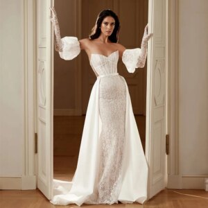 Luxury Dresses Women 2025 Wedding Lace Sheath/Column Wedding Party Dress Ivory Sweetheart Puff Sleeve Tailing Hall Wedding Dress