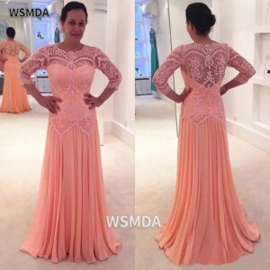 A-line Peach Lace Chiffon Long Mother of the Bride Dress Scoop Neck Zipper 3/4 Sleeves Formal Evening Gown