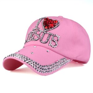Wholesale Customize Women’s Love Jesus White Stone Bling Baseball Cap Summer Rhinestone Embellished  Hat