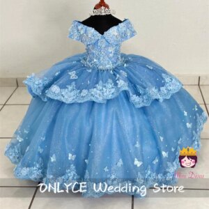 Luxury Blue Flower Girls Dress For Weddings Floral Butterfly Applique Crystal Pearls Birthday Gown First Communion Customized 