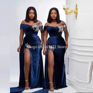 Plus Size Velvet Mermaid Bridesmaid Dresses Royal Blue Off Shoulder Side Split Lace Crystal Party Wedding Gowns Customized