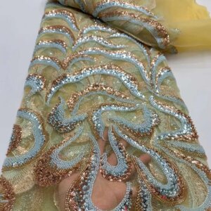 Luxury Gold Black Beaded Lace Fabrics African Lace Fabric 5 Yards High Quality 2025 Sequins Tulle Lace Fabric For Sewing KB4458