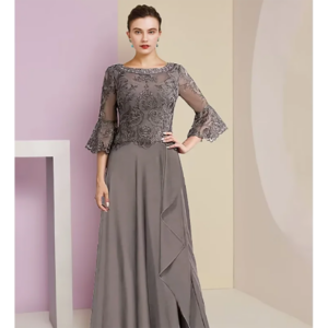 Classic Gray A-Line O- Neck Chiffon Appliques Half Sleeve Floor-Length Elegant Mother of the Bride Dress Customized