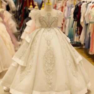 Jill Wish Luxury Arabic White Girl Quinceanera Dresses Beaded Pearls Dubai Princess Gown for Kids Birthday Wedding Party J095