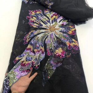 2025 New French Sequins Net Lace Fabric High Quality African Beaded Lace Nigerian Embroidery Lace Fabric For Wedding Party 5 Y