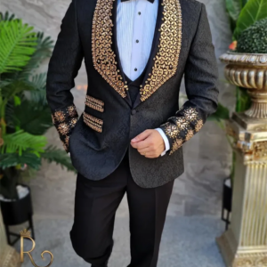 Modern Jacquard Fabric Men High Quality Business Suits Rhinestone One Button 2 Pieces Blazer Pants Tuxedo Man Office Customized