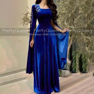 Stretchy A Line Mother of the Bride Dresses Long Sleeves Beaded Square Neck Customized Royal Blue Velvet Prom Dress Party