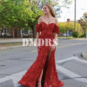 Shiny Off-The-Shoulder Evening Gown 2025 Classic Sequined Dresses Elegant Short-Sleeved Floor-Length Gowns Vestidos De Novia