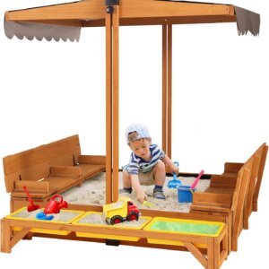 Wooden Sandbox Backyard Sand Box with Cover, Outdoor Sandbox for Kids with 3 Toy Bins