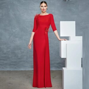 Elegant Red Mother of the Bride Dresses for Wedding  3/4 Sleeves Floor Length Party Dress Mermaid Beading  Wedding Guest Gown