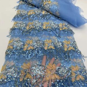 2025 Exquisite African Embroidered Beads Mesh lace fabric Sequins Lace Fabric For Nigerian Wedding High Quality 5 yards