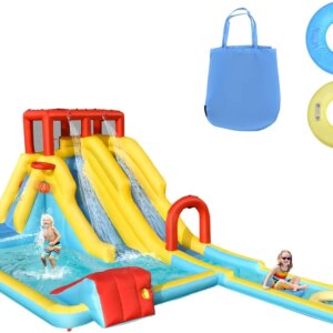Inflatable Water Slide, Double Long Slides Giant Water Park Waterslide Inflatables with Climbing Wall & Splashing Pools, Outdoor