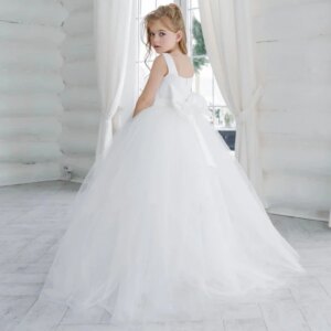 Birthday Party Banquet Holy Communion Gowns Customized Flower Girl Dress White Tulle With Bow Sleeveless For Wedding