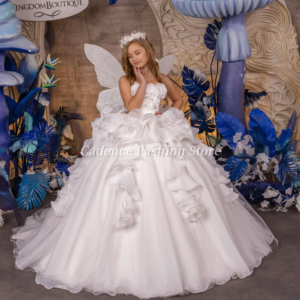 Customized  Elegant White Strapless Flower Girl Dresses Princess Dresses Ruffle Wedding Birthday Party Banquet Dresses