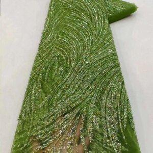 African Oliver Green Beaded Lace African Lace Fabric 5 Yards High Quality 2024 Sequence Lace Fabric For Dress Sewing KB3581