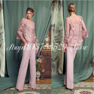 Elegant Mother of the Bride Gowns Gemstone Neck Long Sleeve Lace Prom Dresses Chiffon Trousers Custom Formal Wedding Guest Dress